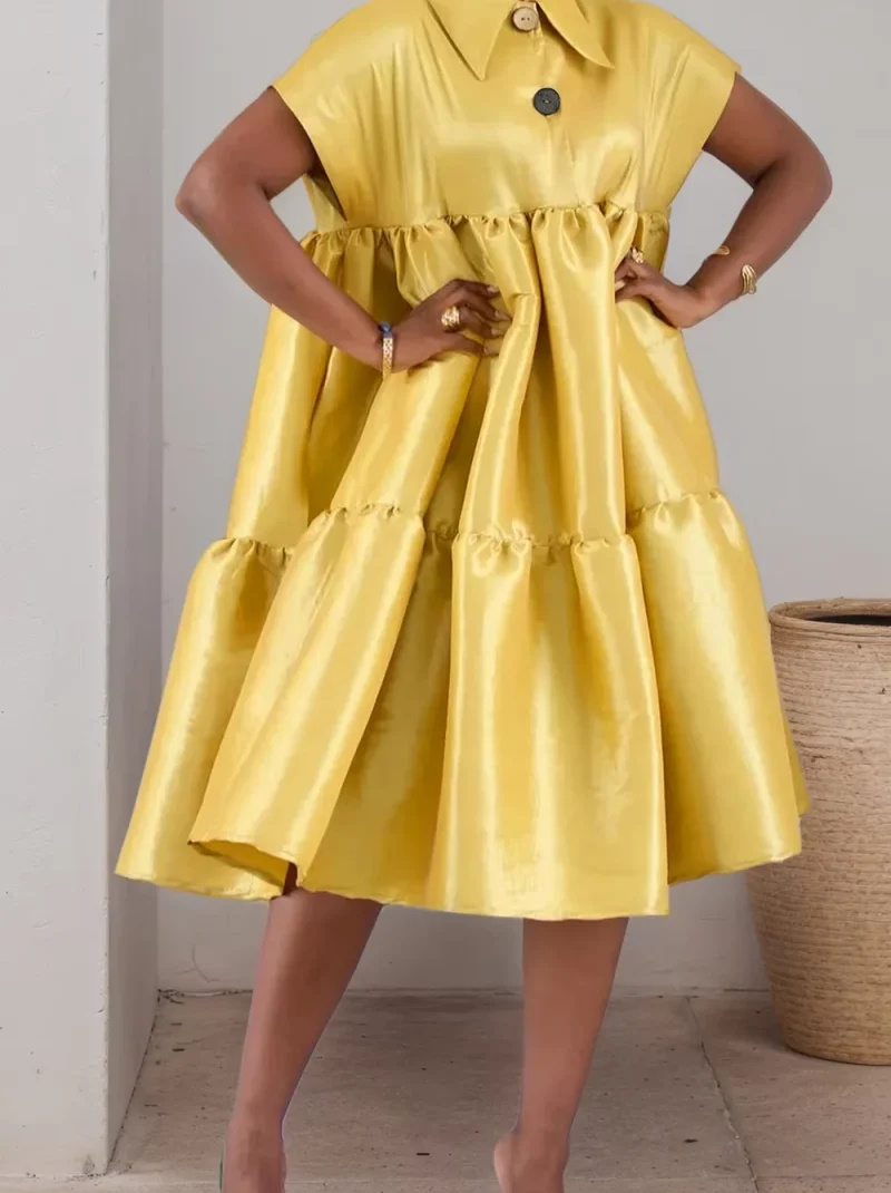 PLUS SIZE Dress Women 2025 Summer Satin Turn Down Collar Short Sleeve Pleated Solid Color Casual Midi Dress Hem Loose Dress