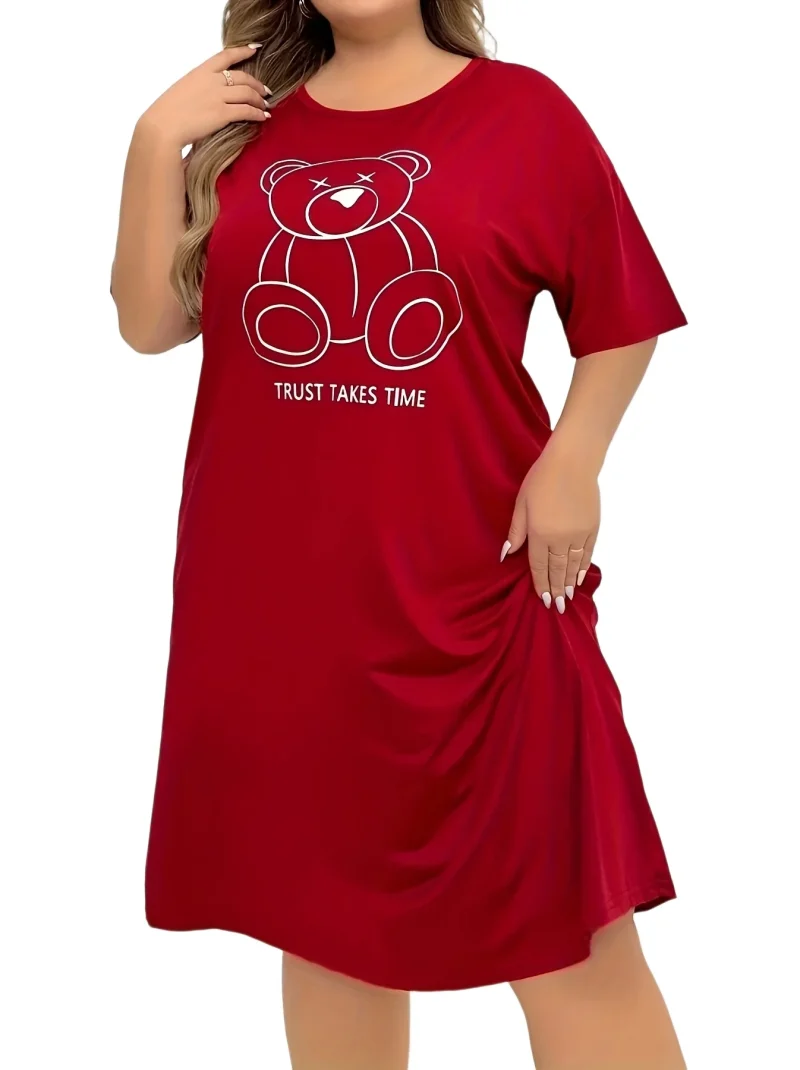 Summer New Women's Plus Size Casual Sleep Dress Teddy Bear & Slogan Printed Short Sleeve Crew Neck Breathable Nightdress