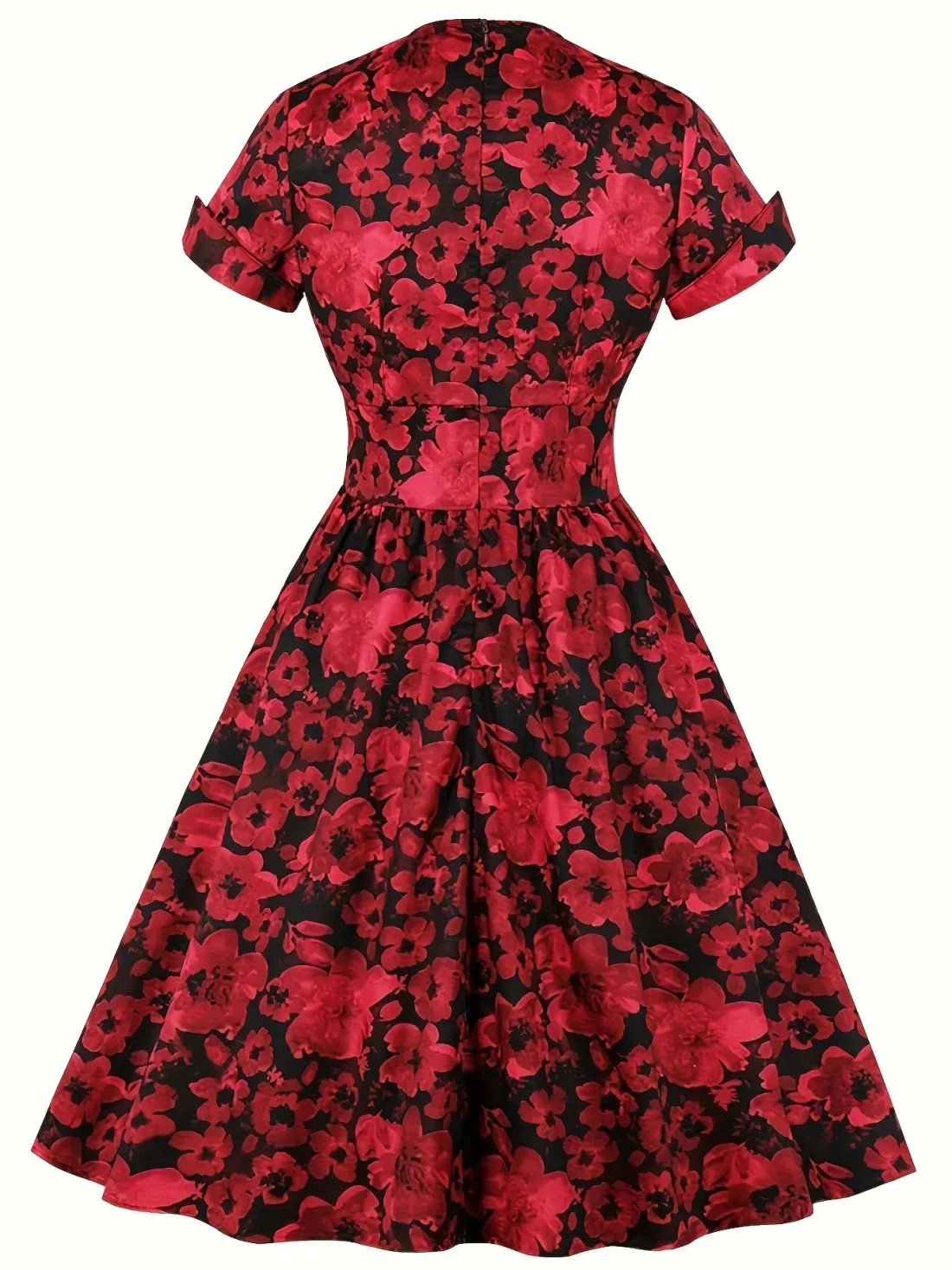 Womens Plus Size Flowy Casual Dress Red Black Colorblock Random Print Design V Neck ALine Summer Dress with Puff Sleeves - Image 2