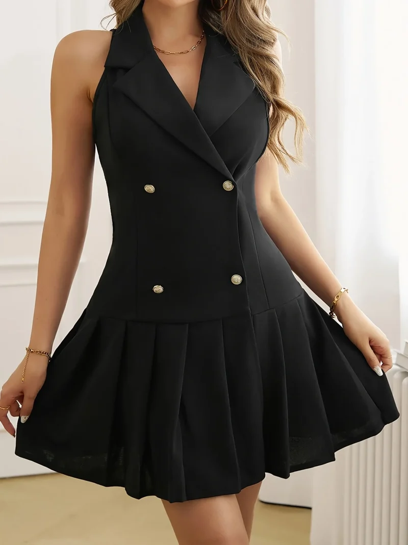 Plus Size Directional Elegant Solid Color Double Breasted Flip Collar Pleated Suit Dress, Versatile for Casual Commuting, Spring
