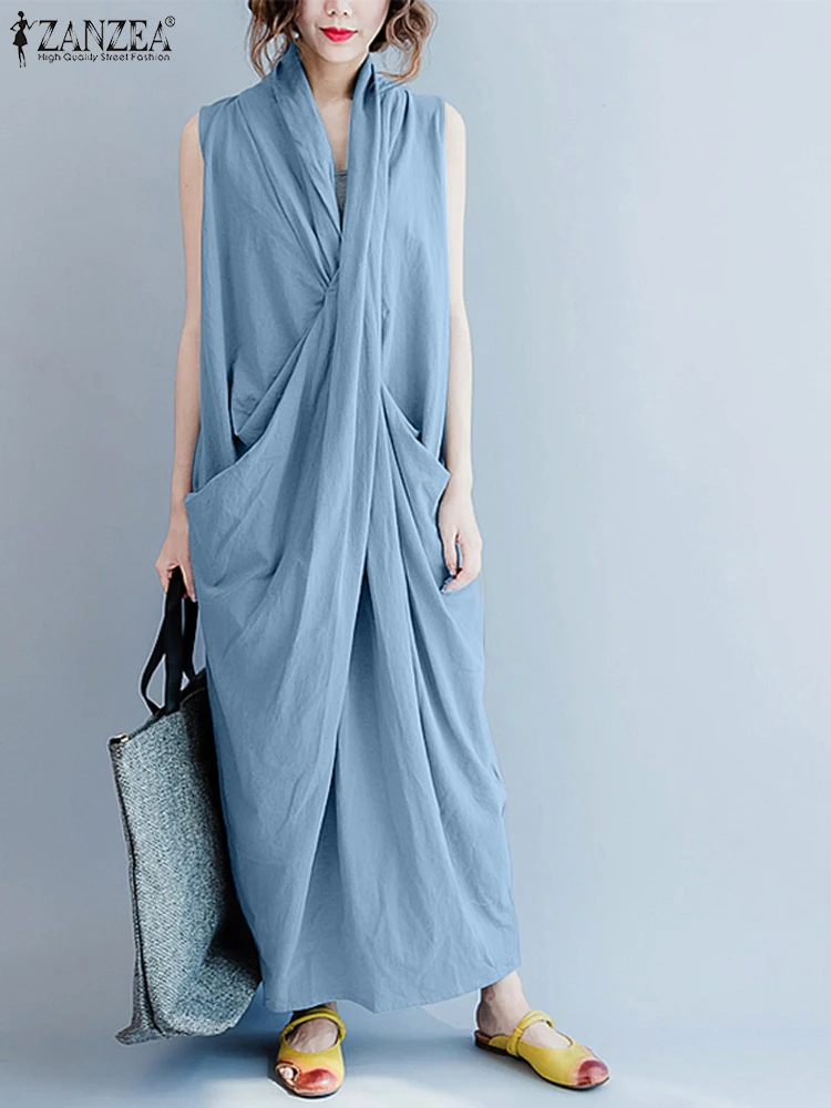 ZANZEA Plus Size Womens Twisted Draped Maxi Dresses Summer Casual V-Neck Sleeveless Rayon Robes Femme Loose Solid Vestidos 5XL