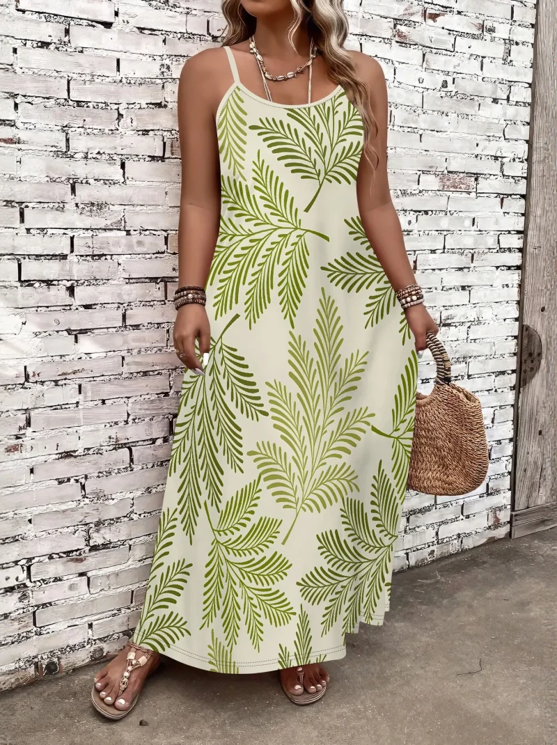 Nupusa Leaf Print Dress for Women Plus Size Summer Casual Spaghetti Strap Maxi Dress
