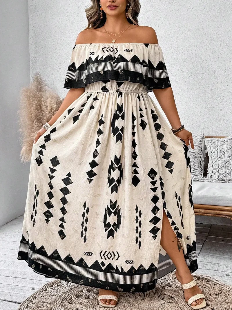 【Plus Size】 Patchwork Print Off Shoulder Dress, Casual Fashion Long Sleeve Dress for Daily Outdoor Wear, Women Plus Clothing for