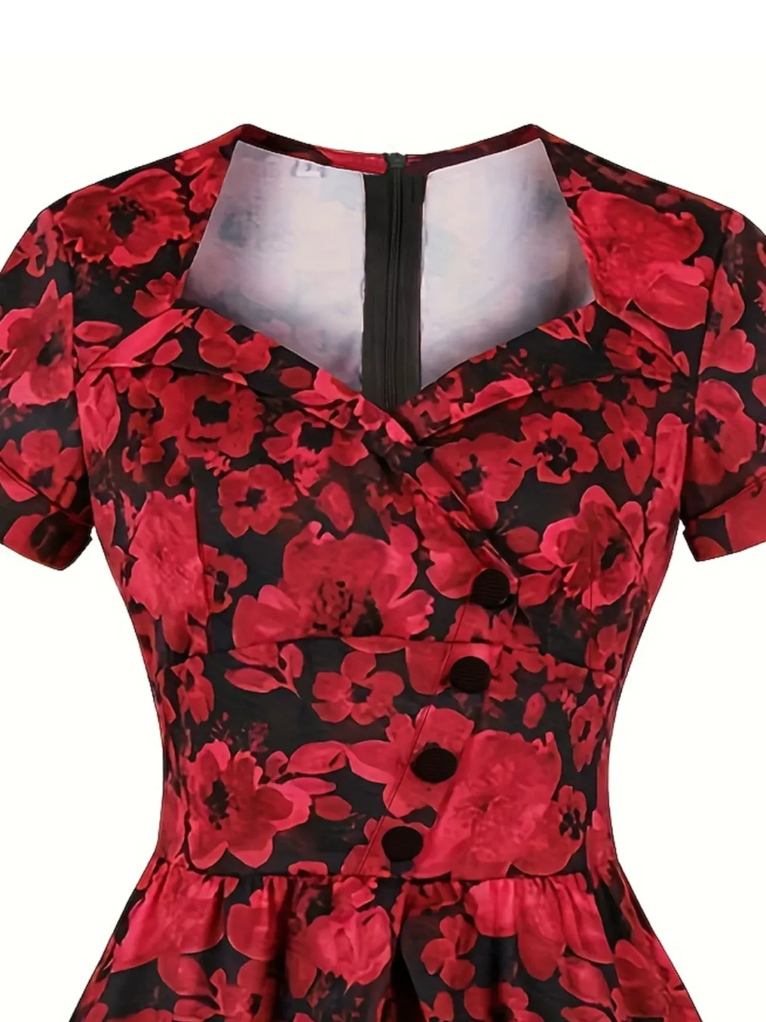 Womens Plus Size Flowy Casual Dress Red Black Colorblock Random Print Design V Neck ALine Summer Dress with Puff Sleeves - Image 5