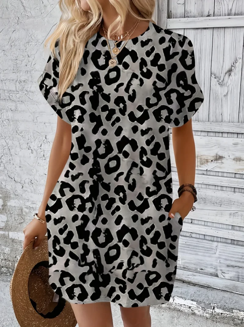 Plus Size Women's Summer Fashionable Leopard Print Short Sleeved Dress Women Casual Round Neck Short Skirt