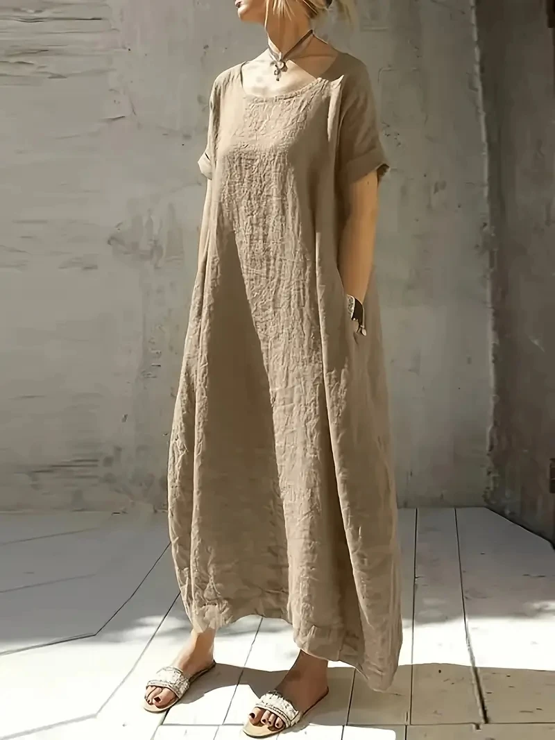 Plus size women's casual short-sleeved round neck ladies long loose dress