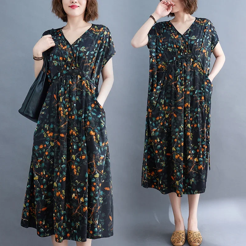 Fashion Plus Size Acetic Acid Satin Age Reducing Lace Up Floral Dress for Women Persimmon and Sweet Simple and Comfortable