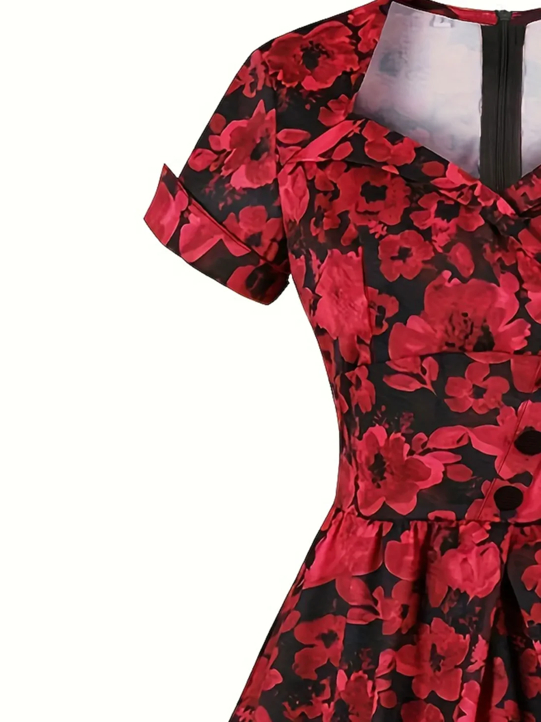 Womens Plus Size Flowy Casual Dress Red Black Colorblock Random Print Design V Neck ALine Summer Dress with Puff Sleeves - Image 4