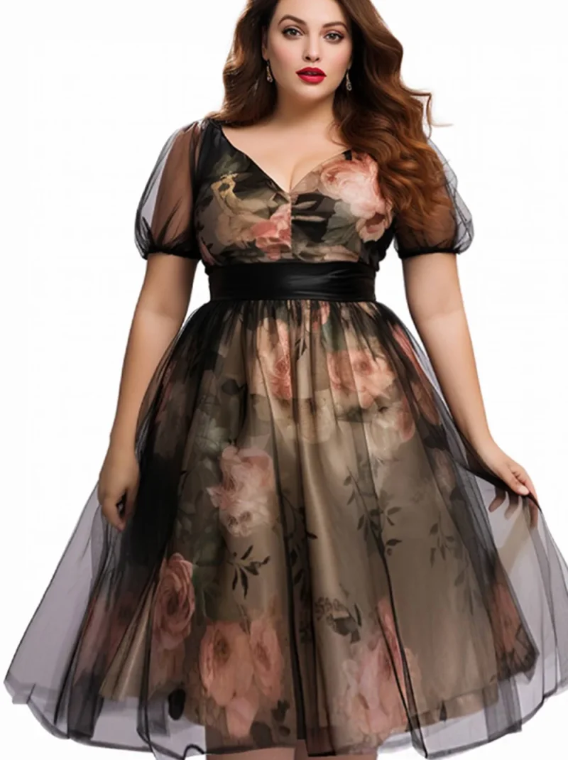 Flycurvy Plus Size Cocktail Black Organza Floral Print Puff Sleeve Midi Dress