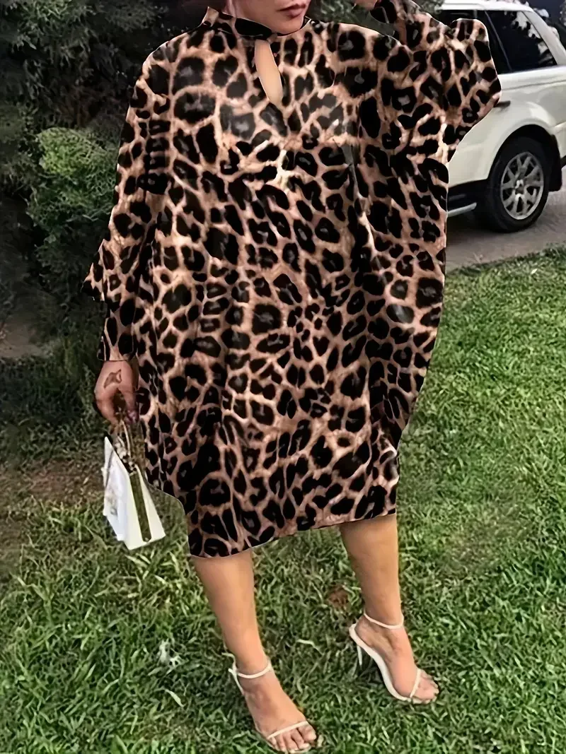 Plus Size 1XL-5XL Women's Fashion Boho Dress Casual Leopard Print Batwing Sleeve Keyhole Dress Ladies Round Neck Baggy Dress