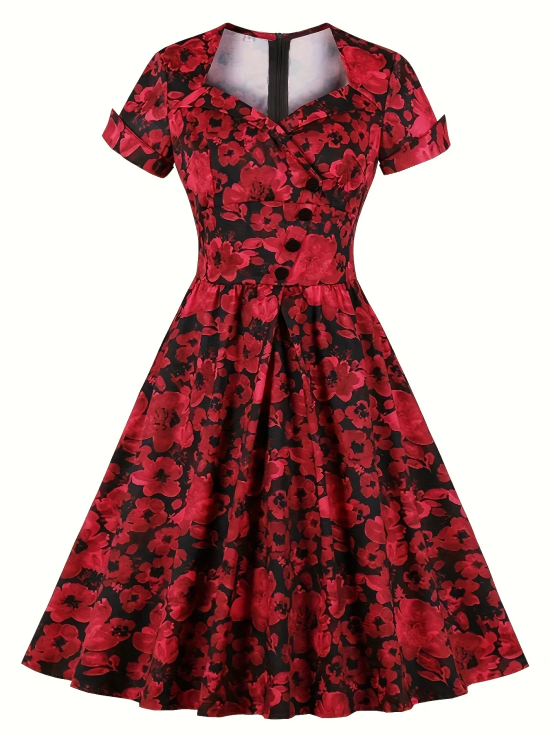 Womens Plus Size Flowy Casual Dress Red Black Colorblock Random Print Design V Neck ALine Summer Dress with Puff Sleeves