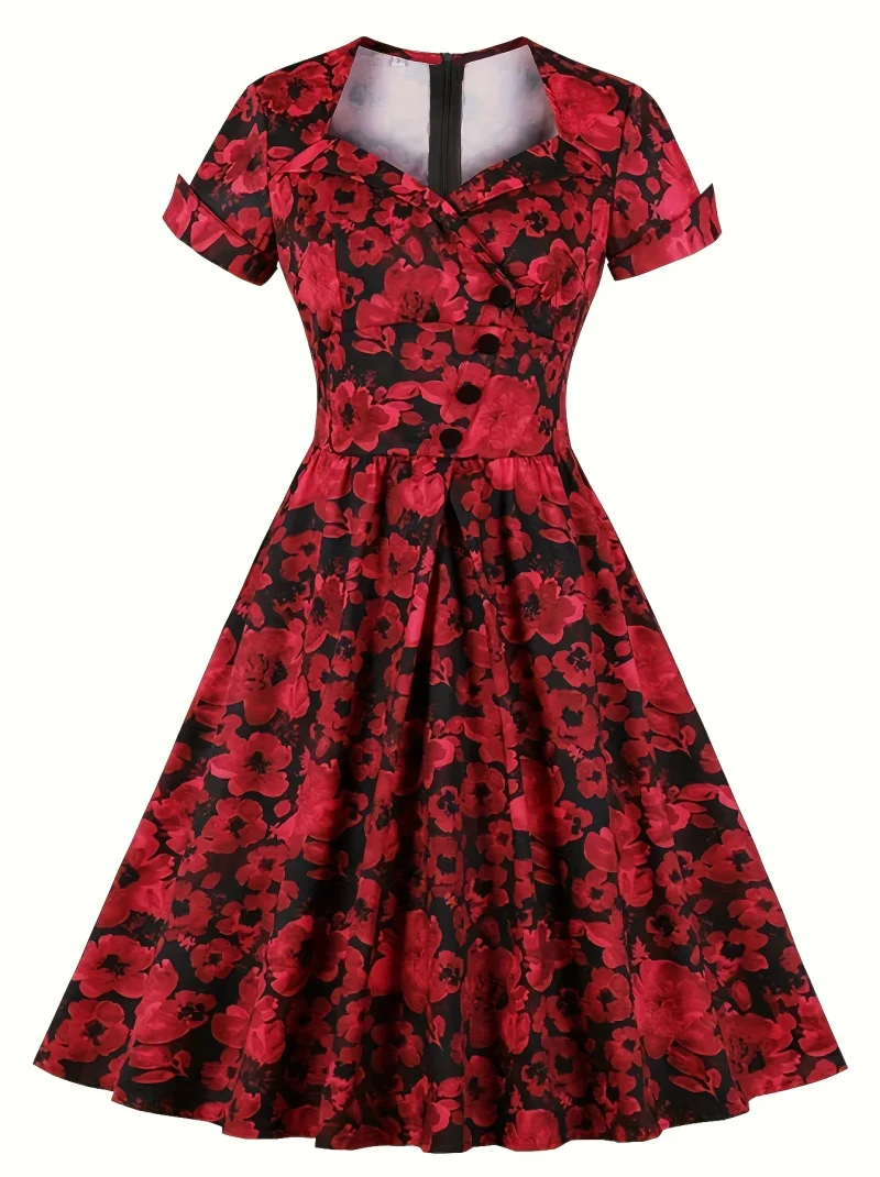 Womens Plus Size Flowy Casual Dress Red Black Colorblock Random Print Design V Neck ALine Summer Dress with Puff Sleeves